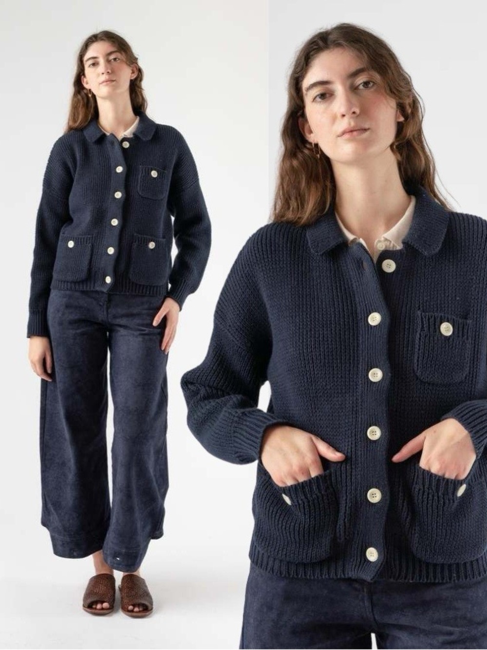 J. Jill Collared Chunky Knit Sailor Button Cardigan Size M Nautical Preppy Chic
